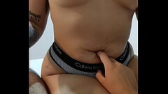 I like to touch her navel, while she masturbates me Thumb