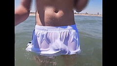 Beach people freak out when I get wet in shorts and thongs in the sea Thumb