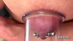 Big Tits MILF pump her nipples very hard and play with piercing nipple Thumb