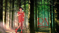Pin-up lady posing in the forest. She shows her tits and pussy. Mesh tights. Regina Noir Thumb