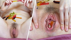 Neighbour is preparing cummy gummies by inserting candies in pussy and butthole for flavour Thumb