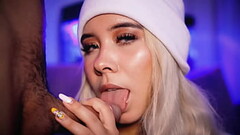 Cute faced blonde looks adorable while sucking cock Thumb