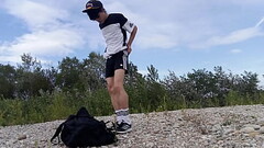 Cute twink Jon Arteen wears black Adidas outfit, shows his underwear, walks freeballing, jerking off Thumb