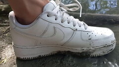 Jon Arteen plays in the mud with his new sneakers Nike Air Force One AF1 sockless. Boy foot fetish g Thumb