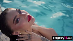 Glamorous all natural Emjay Rinaudo stripped and posed by the pool outdoor Thumb