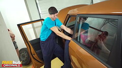 FAKEhub Originals - Redhead girls get down and dirty at the garage with young mechanic Thumb