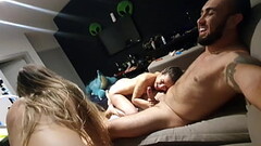 Hot girls vying for who takes the hot milk first with their mouth Thumb
