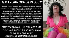 Dirtygardengirl in pink costume fuck her pussy &amp_ ass with long dildo and prolapse Thumb