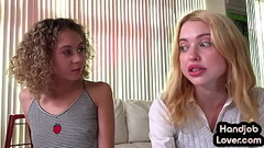 Tiny teen learning dirty talking POV HJ by her BFF in 3some Thumb