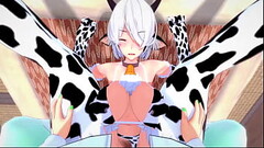 The girl cow decided to give milk to her friend Thumb