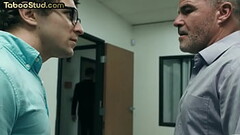 Office colleagues in bareback 3some action with DILF Thumb