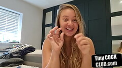 Dirty talking blonde babe with big tits laughs to small cock Thumb
