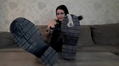 Dominatrix Nika will make you lick the soles of her dirty boots. She pours a condom with cum on the  Thumb