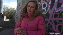 Public Agent A beautiful woman with a model looking figure gives and outdoor blowjob before fucking  Thumb