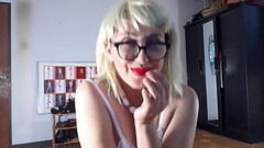 Regina Noir trying on high heels. Striptease in white lingerie and stockings 5 Thumb